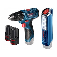 Аккум. дрель-шуруповерт BOSCH GSR 120-LI в чем. + фонарь GLI 12V-300 (12.0 В, 2 акк., 1.5 А/ч Li-Ion, 2 скор., 30 Нм, шурупы до 7 мм)
