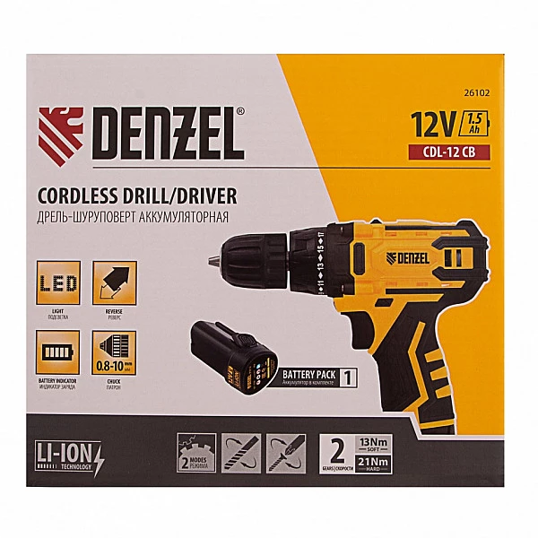 Дрель-шуруповерт аккумуляторная Denzel CDL-12CB