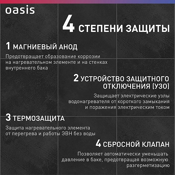 Oasis VL-30 L Водонагреватель накопит. Oasis VL-30L (1500Вт, 30л, УЗО, медный ТЭН, до 48ч, предохр. клапан, эмаль)