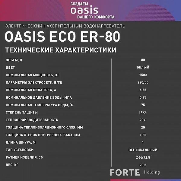 OASIS ECO ER-80 Водонагреватель накопит. Oasis Eco ER-80 (1500Вт, 80л, медный ТЭН, до 48ч, эмаль)