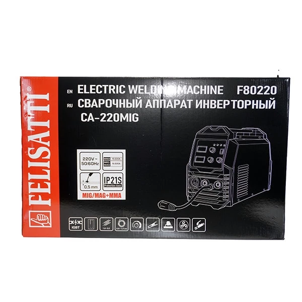 Felisatti СА-220MIG Felisatti(822.5.1.00) Сварочный аппарат инверторный, 20-220А,потр. 55,7 А /6100 Вт, ММА 20,8-27,2 В, 0,8-1,2 мм