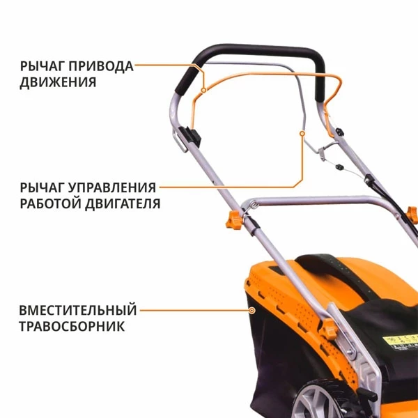 PIT MLM-46S Газонокосилка бензиновая MAXPILER MLM-46S (5 л.с, самоходная, Ø460мм, высота кошения 30-80мм, 70л)