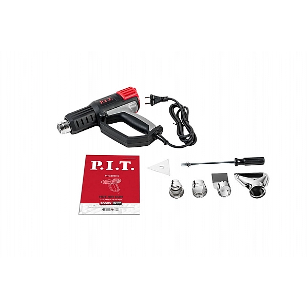 PIT PHG 2000-C Термопистолет, 230В., 50Гц., 2 кВт.2000Вт. 9А.,50-600*С, три положения потока воздуха,насадки
