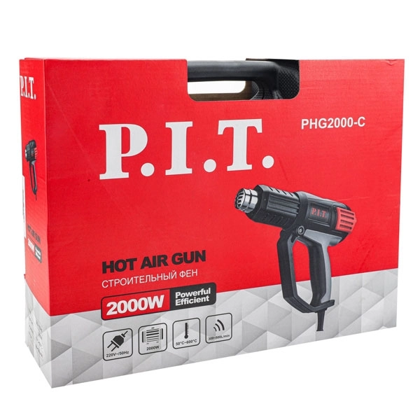 PIT PHG 2000-C Термопистолет, 230В., 50Гц., 2 кВт.2000Вт. 9А.,50-600*С, три положения потока воздуха,насадки
